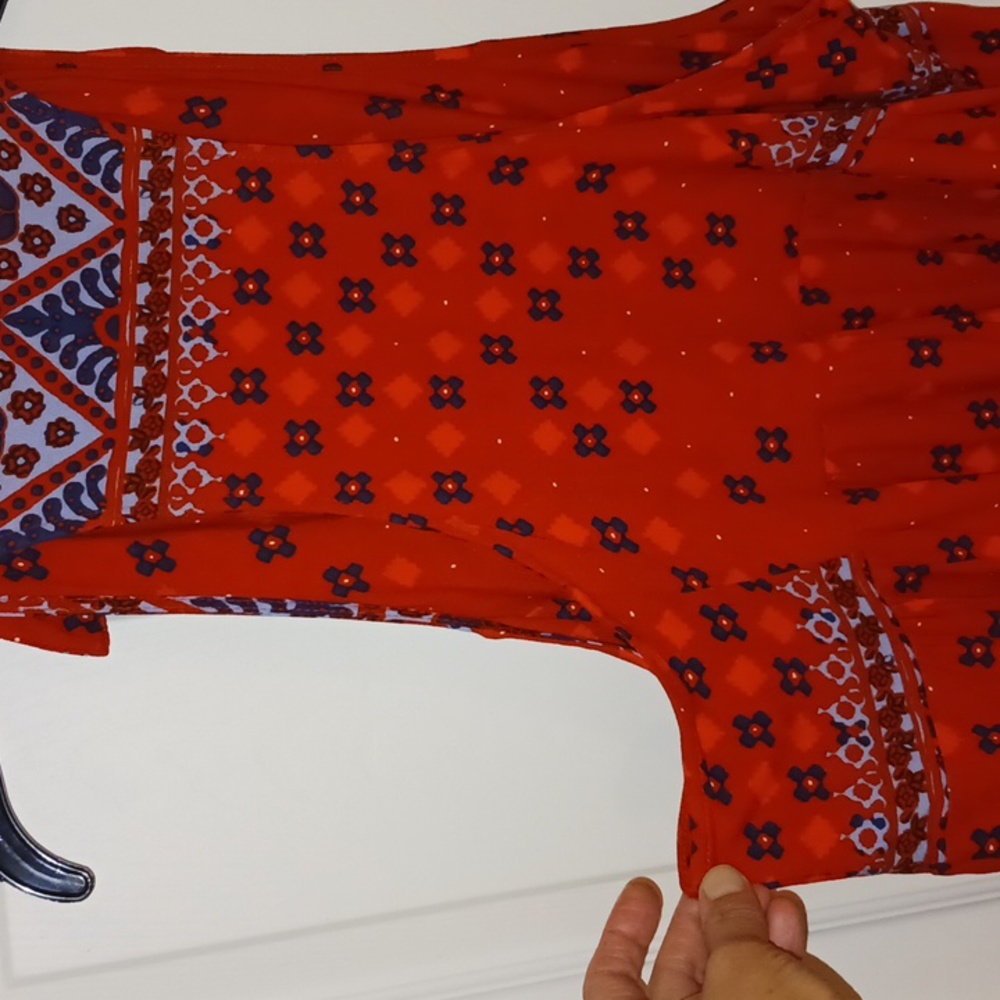 Free People "Scarlet" bohemian tunic blouse v neck button - L - orange/navy - Picture 8 of 12